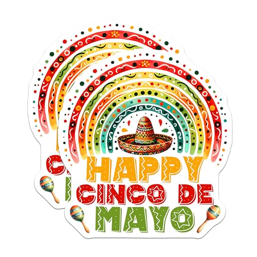 (2 Pack) Happy Cinco de Mayo Stickers - Fiesta Decoration - Mexican Party Decor - 5" On Longest Side - Sticks to Smooth Flat Surfaces - Made in USA - BMCS8223