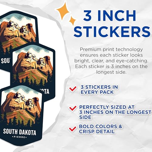 (3 Pack) South Dakota Decals - Mount Rushmore - Laptop Stickers - 3 Inches On Longest Side - Easy Peel & Apply - Made in USA - 3MCS0382