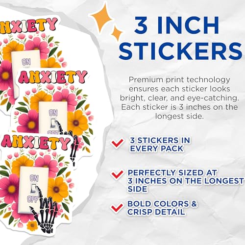 (3 Pack) Anxiety On Off Decals - Skeleton Hand Decal - Floral Flower Decal - 3 Inches On Longest Side - Easy Peel & Apply - Made in USA - 3MCS8524