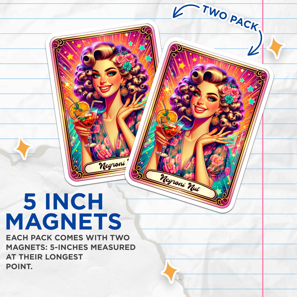 (2 Pack) Negroni Nut Magnets - Retro Pin Up Girl Cocktail Illustration - Vibrant Drink Lover Kitchen Bar Decor - 5 Inches On Longest Side - Thick Durable Magnet - Made in USA - MAG20564