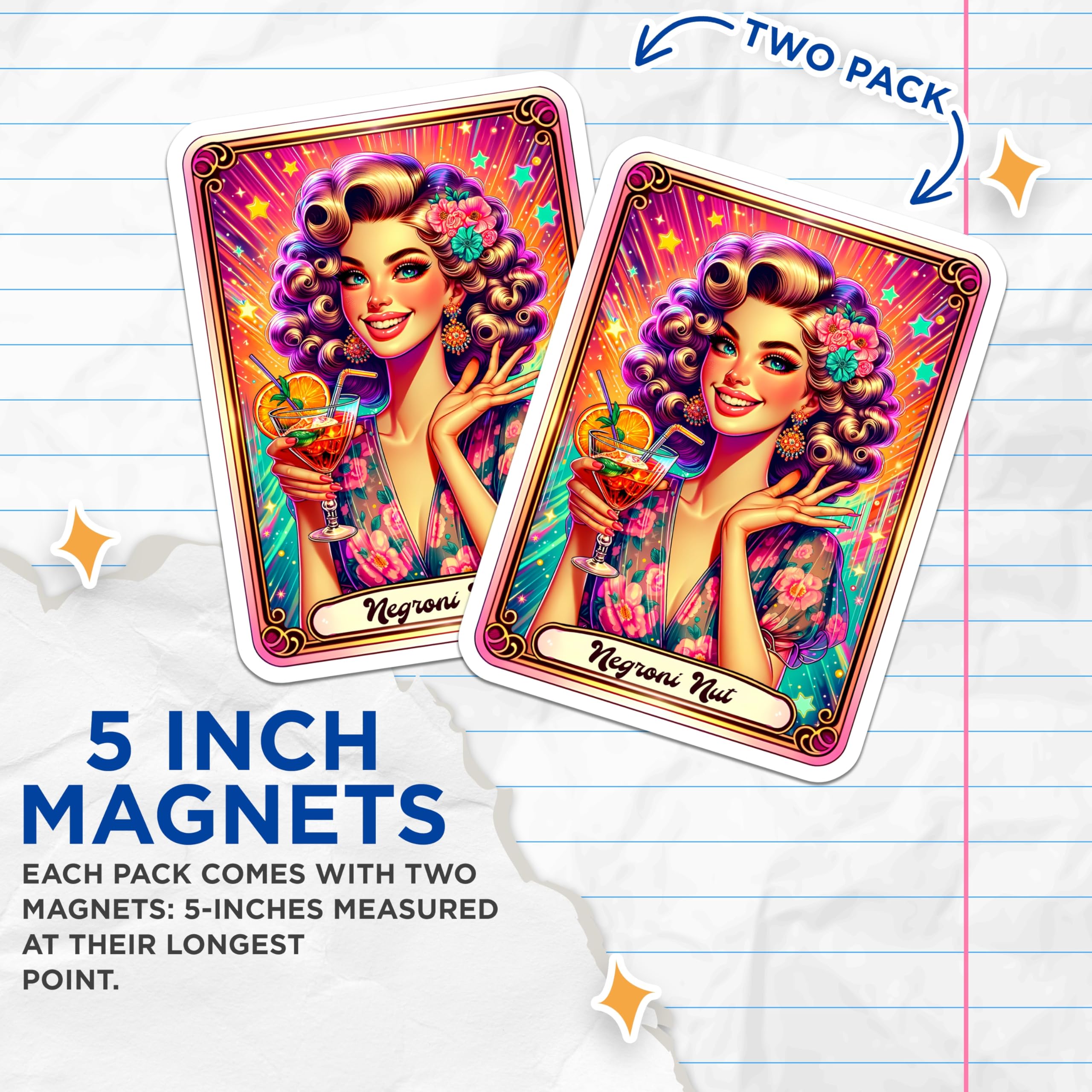 (2 Pack) Negroni Nut Magnets - Retro Pin Up Girl Cocktail Illustration - Vibrant Drink Lover Kitchen Bar Decor - 5 Inches On Longest Side - Thick Durable Magnet - Made in USA - MAG20564