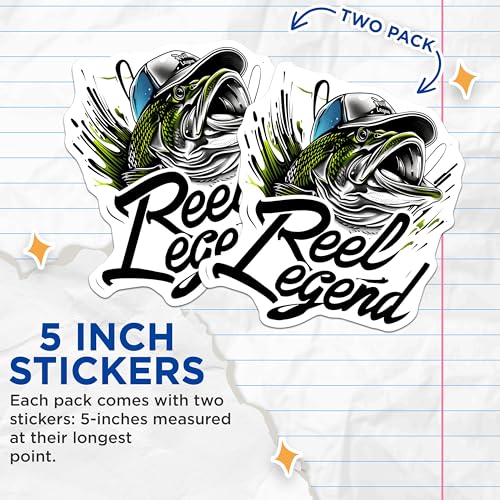(2 Pack) Reel Legend Stickers - Fishing Enthusiast Stickers - Outdoor Adventure Stickers - 5" On Longest Side - Sticks to Any Smooth Flat Surface - Made in USA - BMCS3555