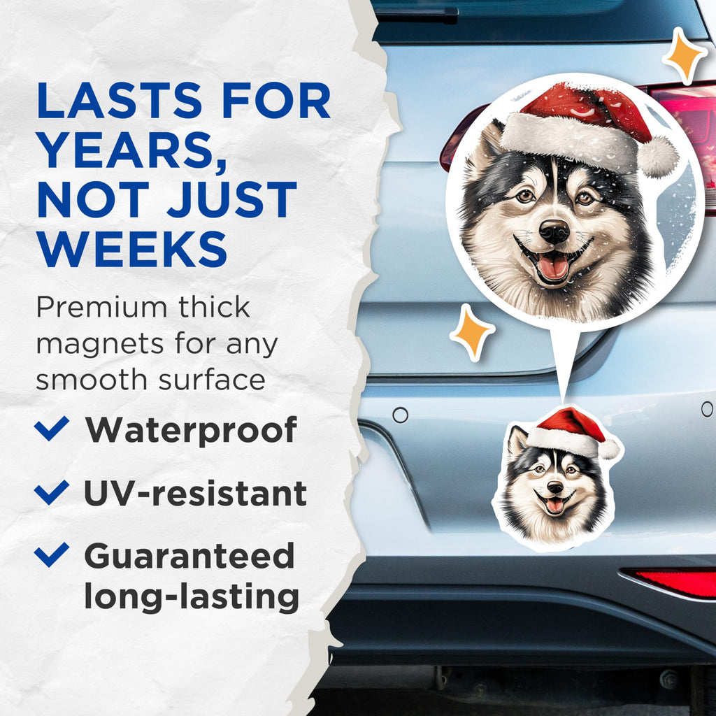 (2 Pack) Siberian Husky Magnets - Christmas Santa Dog Holiday Decor - Festive Pet Animal Refrigerator Locker Accents - 5 Inches On Longest Side - Thick Durable Magnet - Made in USA - MAG24176