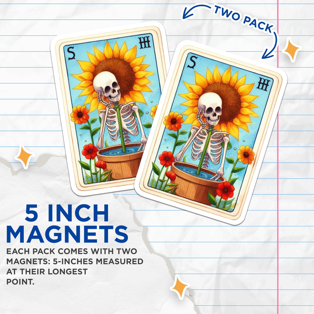 (2 Pack) Skeleton Sunflower Magnets - Macabre Floral Decor - Whimsical Botanical Art - 5 Inches On Longest Side - Thick Durable Magnet - Made in USA - MAG21457