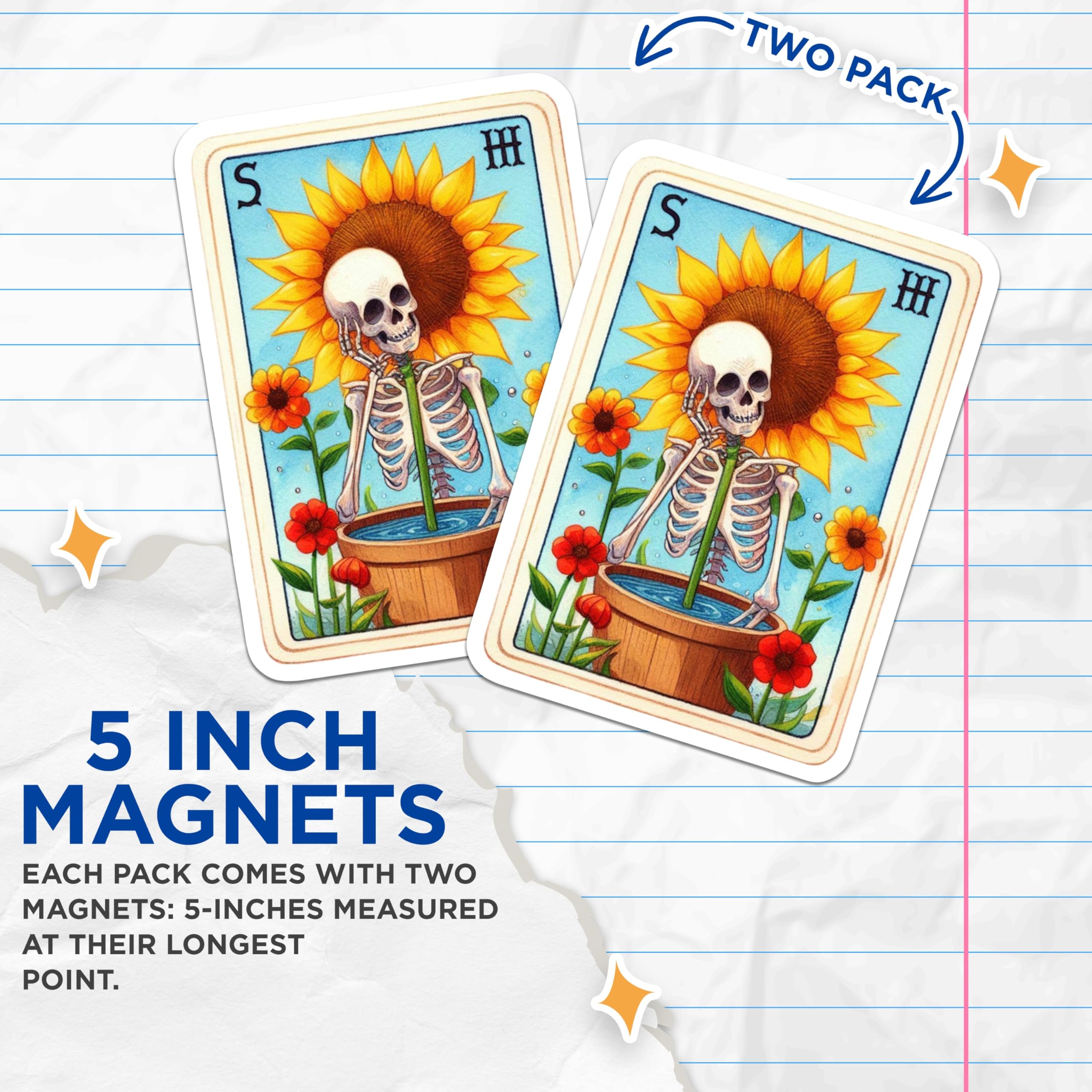 (2 Pack) Skeleton Sunflower Magnets - Macabre Floral Decor - Whimsical Botanical Art - 5 Inches On Longest Side - Thick Durable Magnet - Made in USA - MAG21457