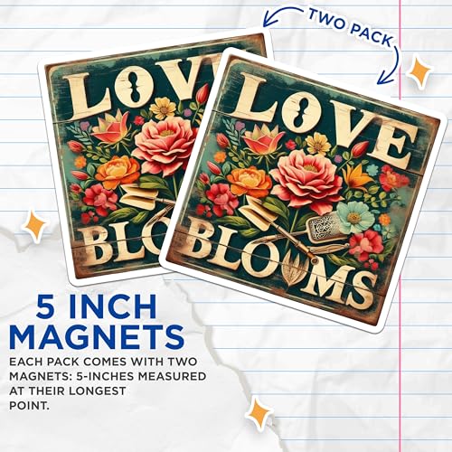 (2 Pack) Love Blooms Magnets - Inspirational Floral Art - Positive Quote Magnets for Home Decor - 5" On Longest Side - for Cars, Fridges, Toolboxes - Made in USA - MAG7101