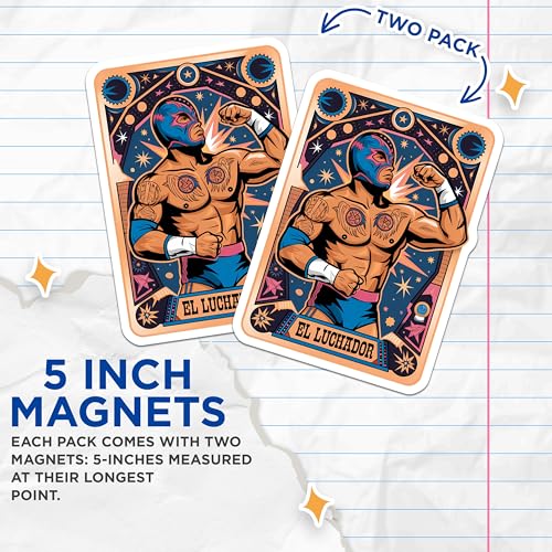 (2 Pack) Wrestler Artwork Magnet - Colorful Starry Background - Mexican Wrestling Mask - Iconic Design - 5" On Longest Side - Sticks to Smooth Flat Surfaces - Made in USA - MAG9598