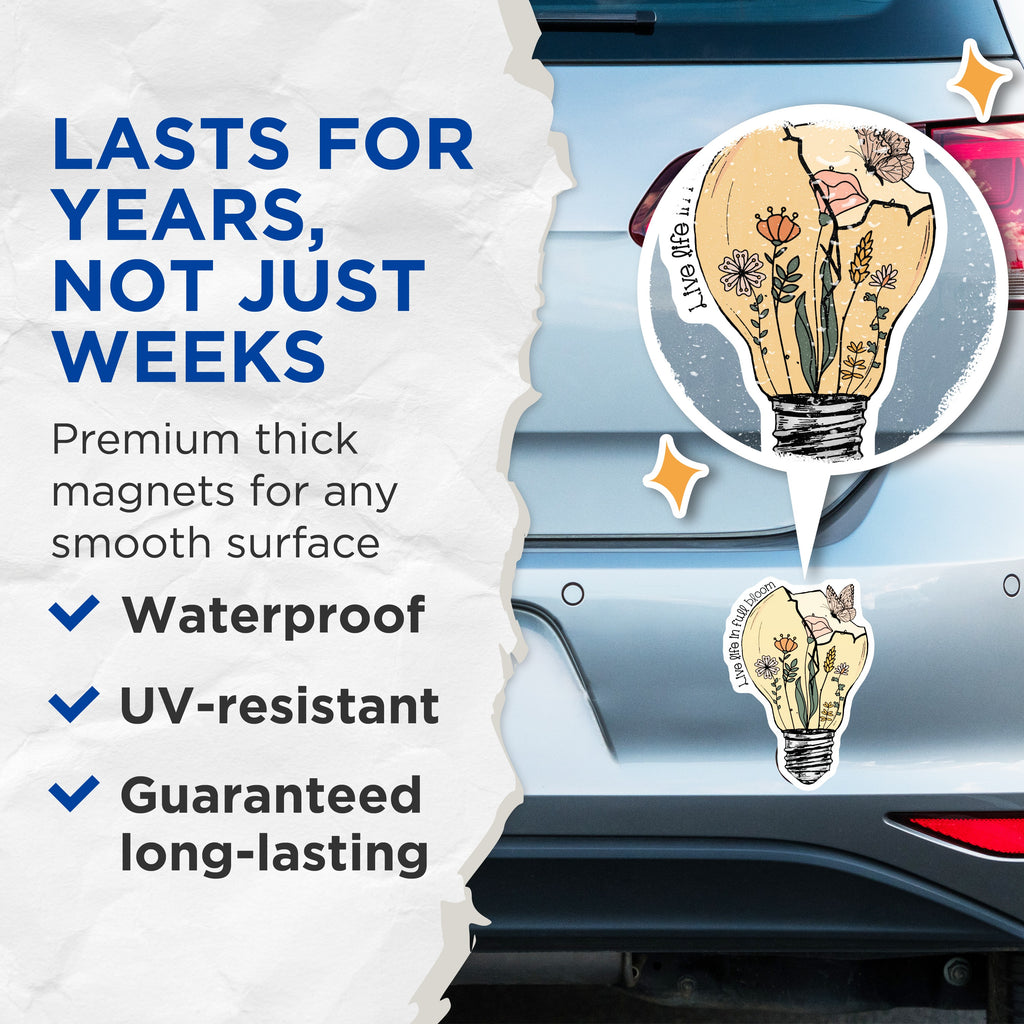 (2 Pack) Lightbulb Flower Magnets - Live in Full Bloom Art - Positive Quote Decor - Plant Lover - 5 Inches On Longest Side - Thick Durable Magnet - Made in USA - MAG38781