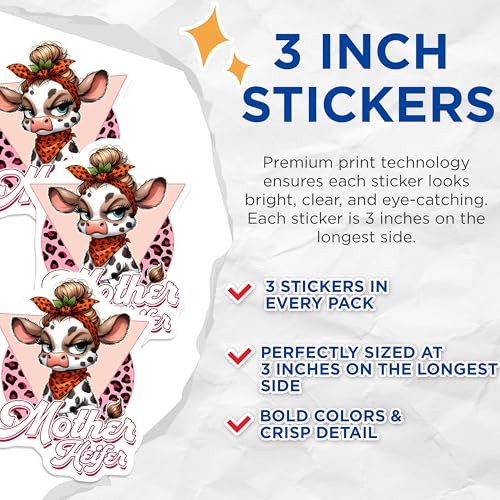 (3 Pack) Mother Heifer Decals - Cow with Bandana - Funny Cow Decals - 3 Inches On Longest Side - Easy Peel & Apply - Made in USA - 3MCS2551