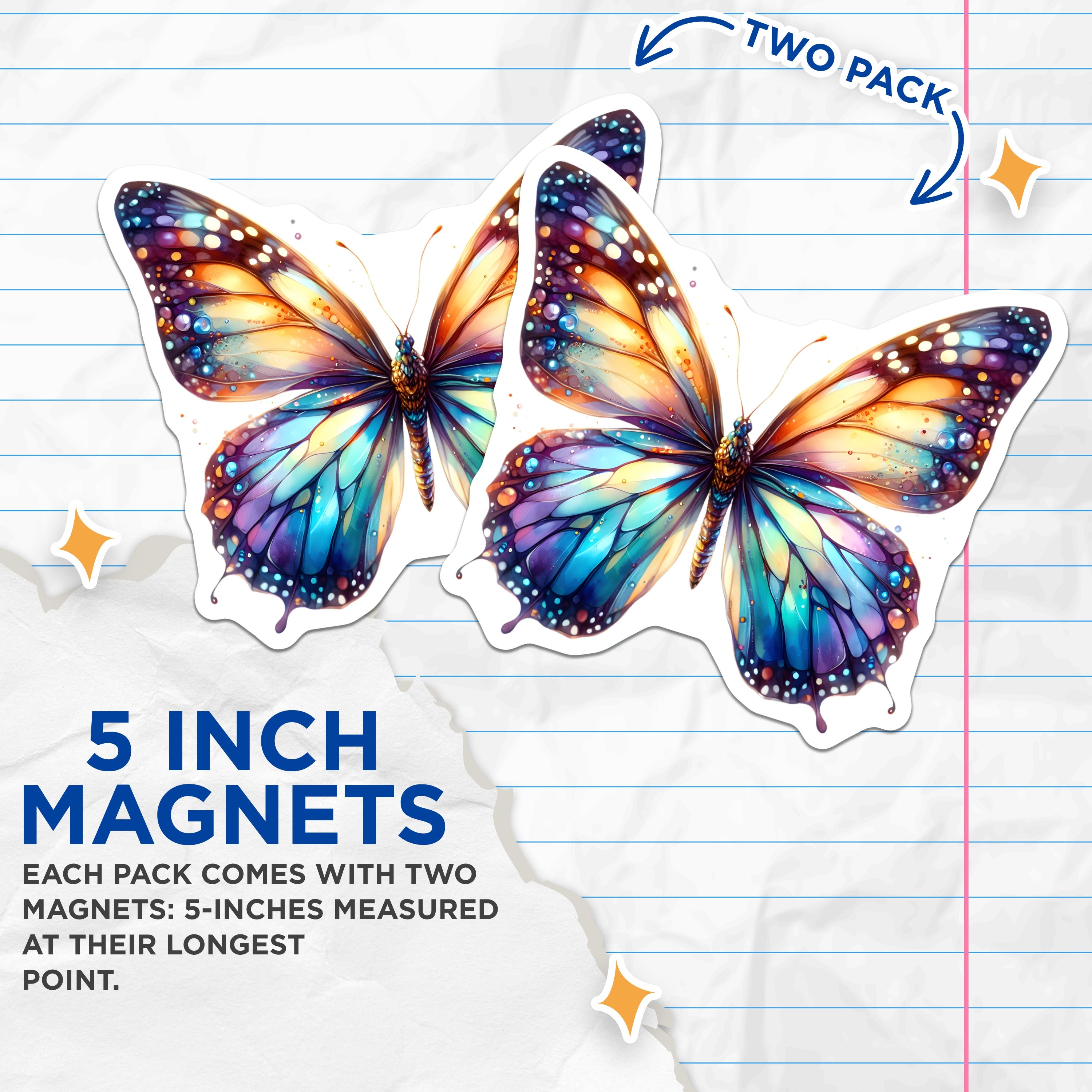 (2 Pack) Vibrant Butterfly Magnets - Whimsical Nature Decor - Aesthetic Fridge Locker - 5 Inches On Longest Side - Thick Durable Magnet - Made in USA - MAG36303