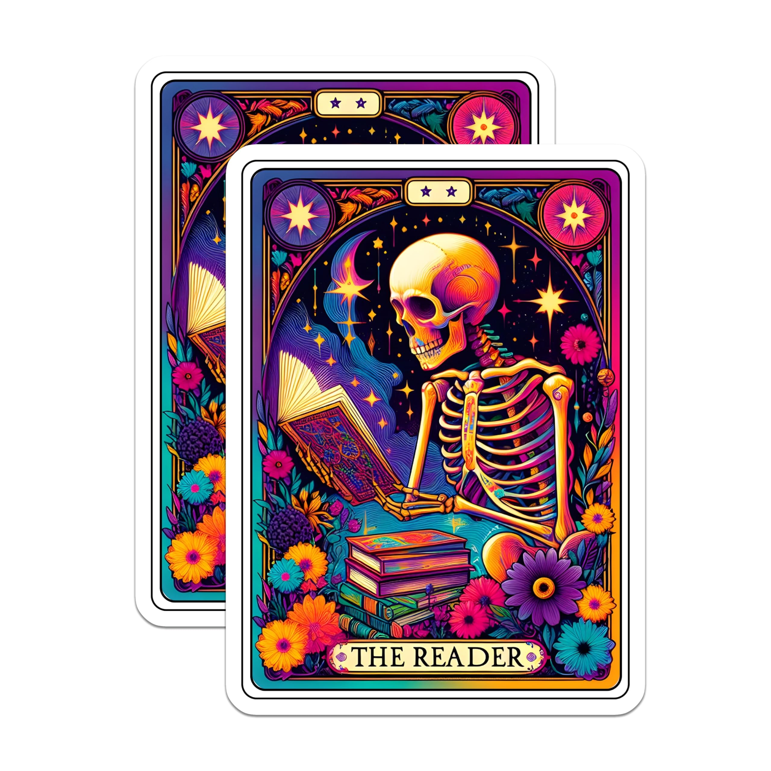 (2 Pack) Reader Tarot Card Magnets - Skeleton Book Lover Decor - Witchy Aesthetic Art - Dark Academia Fan - Mystical Readers - 5 Inches On Longest Side - Thick Durable Magnet - Made in USA - MAG29205