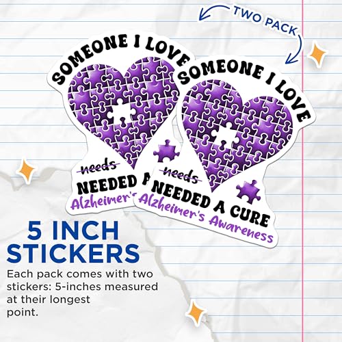 (2 Pack) Alzheimer's Awareness Stickers - Purple Puzzle Heart Decal - Someone I Love Needed a Cure - 5" On Longest Side - Sticks to Smooth Flat Surfaces - Made in USA - BMCS9793
