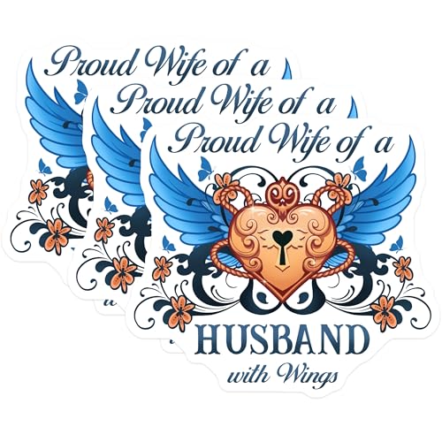(3 Pack) Proud Wife Decals - Husband with Wings Sticker - Love Laptop Decal - 3 Inches On Longest Side - Easy Peel & Apply - Made in USA - 3MCS4875