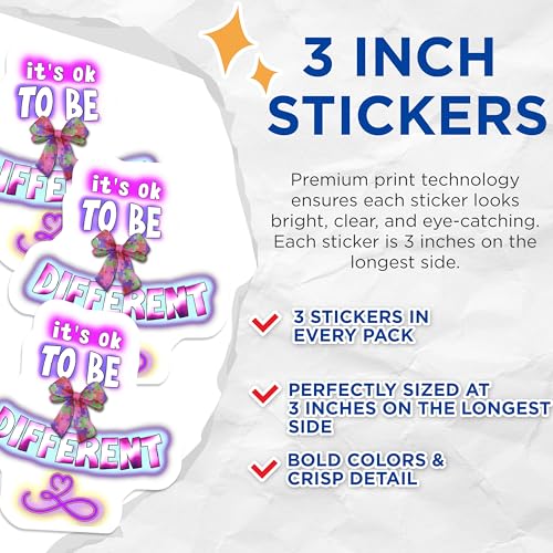 (3 Pack) Autism Awareness Decals - It's Ok to Be Different - Autism Puzzle Piece Bow Decals- 3 Inches On Longest Side - Easy Peel & Apply - Made in USA - 3MCS5872