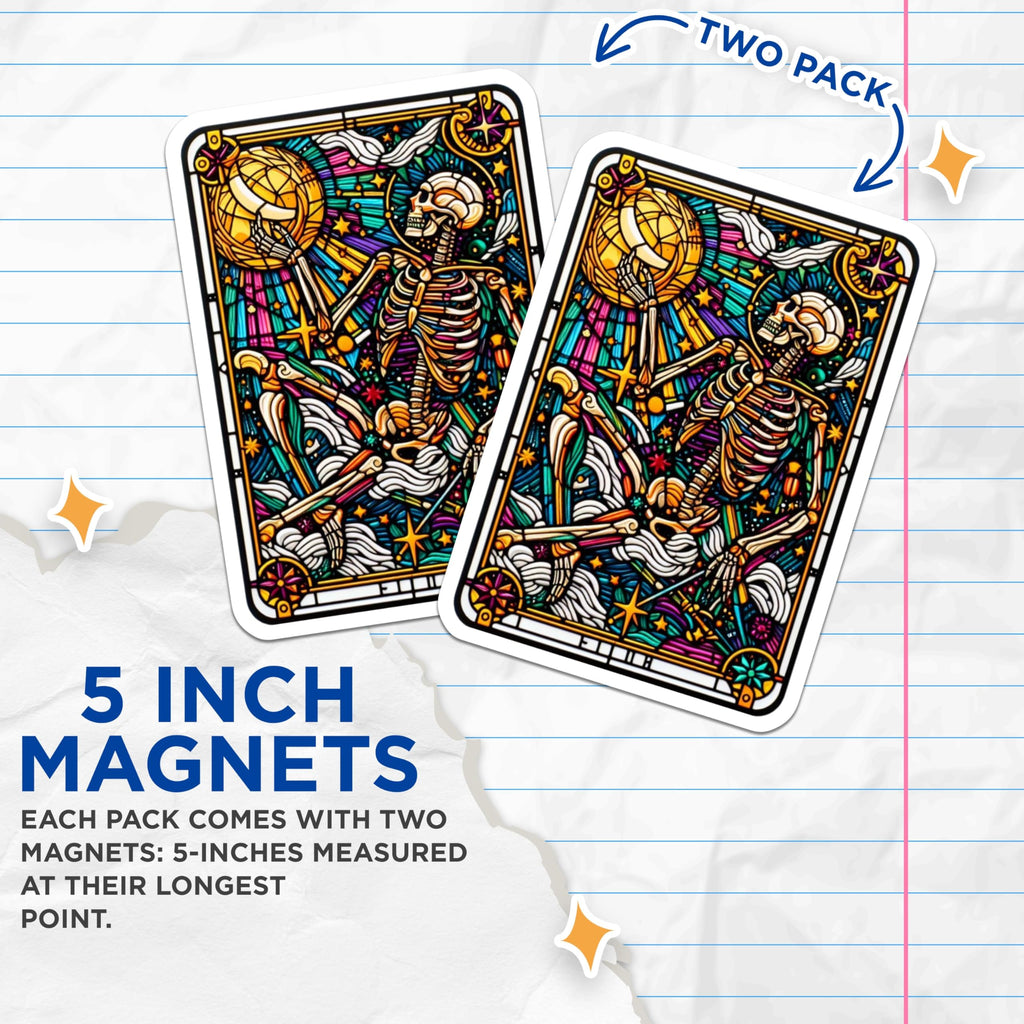 (2 Pack) Stained Glass Skeleton Magnets - Cosmic Celestial Design - Mystical Vibrant Art - 5 Inches On Longest Side - Thick Durable Magnet - Made in USA - MAG23150