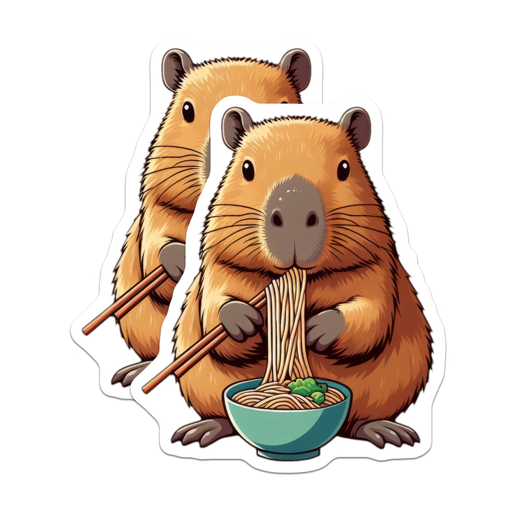 (2 Pack) Cute Noodle Eating Hamster Stickers - Animal Lover - Funny Food Design - 5" On Longest Side - Sticks to Smooth Flat Surfaces - Made in USA - BMCS9905