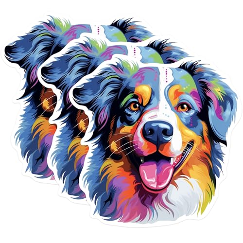 (3 Pack) Australian Shepherd Decals - Colorful Dog Decal - Laptop Decal - 3 Inches On Longest Side - Easy Peel & Apply - Made in USA - 3MCS0634