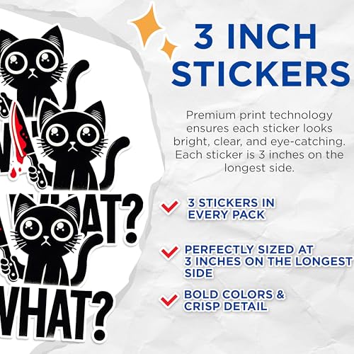 (3 Pack) Killer Cat Decals - Funny Cat Decal - Scary Kitty Laptop Decal - 3 Inches On Longest Side - Easy Peel & Apply - Made in USA - 3MCS1599