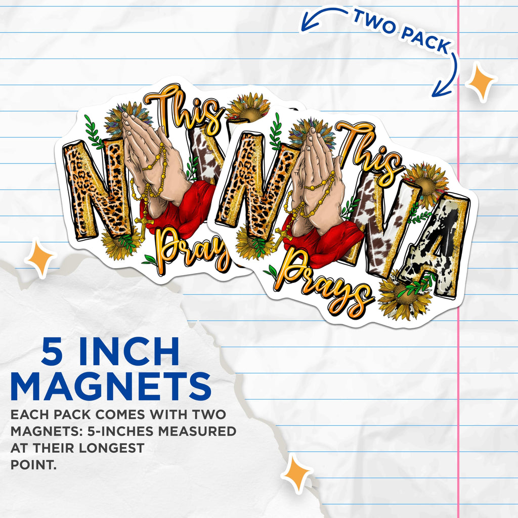 (2 Pack) Nana This Prays Magnets - Praying Hands Sunflower Leopard Print Cowhide Christian Grandma Decor - 5 Inches On Longest Side - Thick Durable Magnet - Made in USA - MAG28684