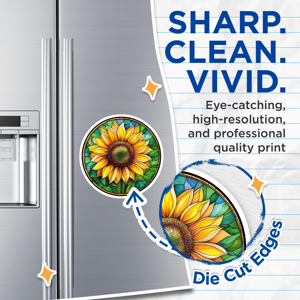 (2 Pack) Stained Glass Sunflower Magnets - Floral Kitchen Decor - Cheerful Fridge Accessory - Sunny Garden Art - 5 Inches On Longest Side - Thick Durable Magnet - Made in USA - MAG25314