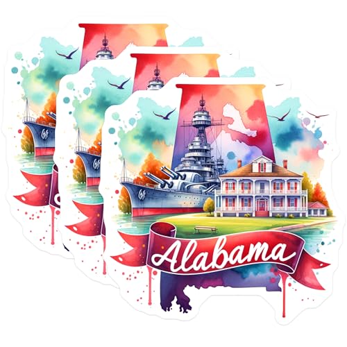 (3 Pack) Alabama Decals - Battleship USS Alabama - Southern State Pride- 3 Inches On Longest Side - Easy Peel & Apply - Made in USA - 3MCS5422