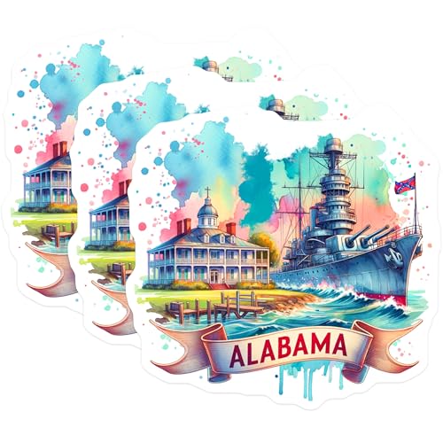 (3 Pack) Alabama Decals - Battleship USS - State Landmark Decal- 3 Inches On Longest Side - Easy Peel & Apply - Made in USA - 3MCS5832