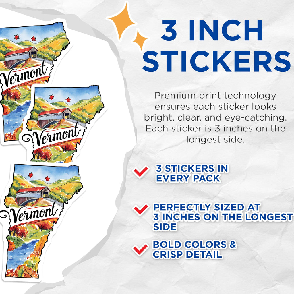 (3 Pack) Vermont Decals - State Pride Sticker - Travel Souvenir- 3 Inches On Longest Side - Easy Peel & Apply - Made in USA - 3MCS5046