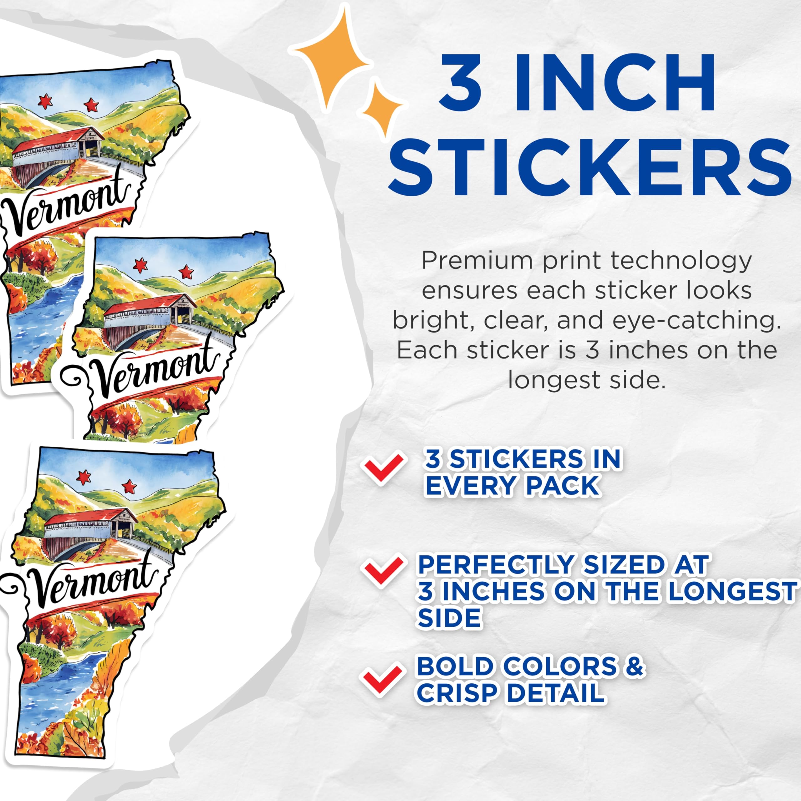 (3 Pack) Vermont Decals - State Pride Sticker - Travel Souvenir- 3 Inches On Longest Side - Easy Peel & Apply - Made in USA - 3MCS5046