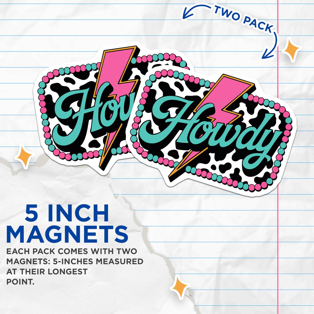 (2 Pack) Howdy Magnets - Retro Western Lightning Bolt Cow Print Accent - Southern Charm Boho Aesthetic Fridge Locker Magnets - 5 Inches On Longest Side - Thick Durable Magnet - Made in USA - MAG23216