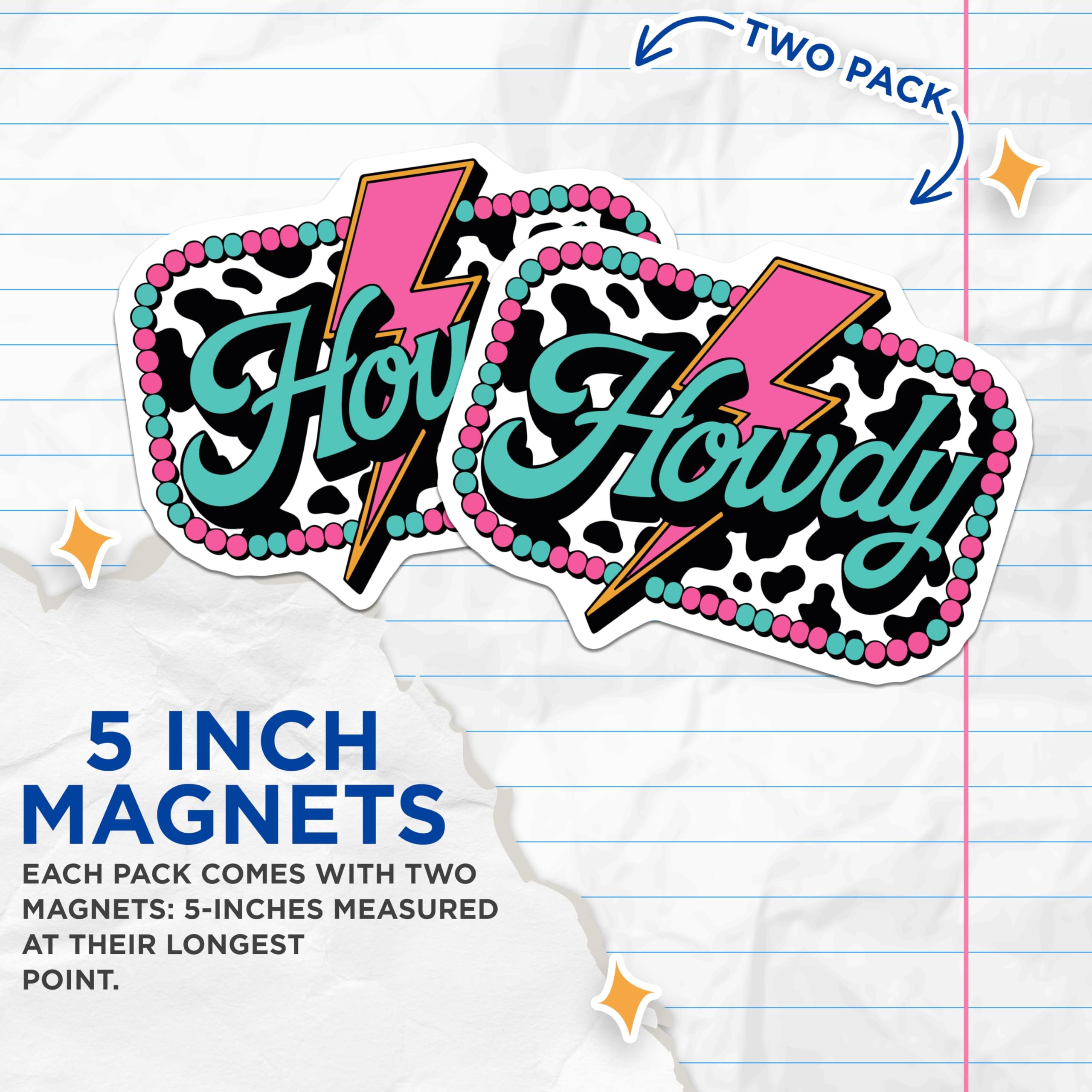 (2 Pack) Howdy Magnets - Retro Western Lightning Bolt Cow Print Accent - Southern Charm Boho Aesthetic Fridge Locker Magnets - 5 Inches On Longest Side - Thick Durable Magnet - Made in USA - MAG23216