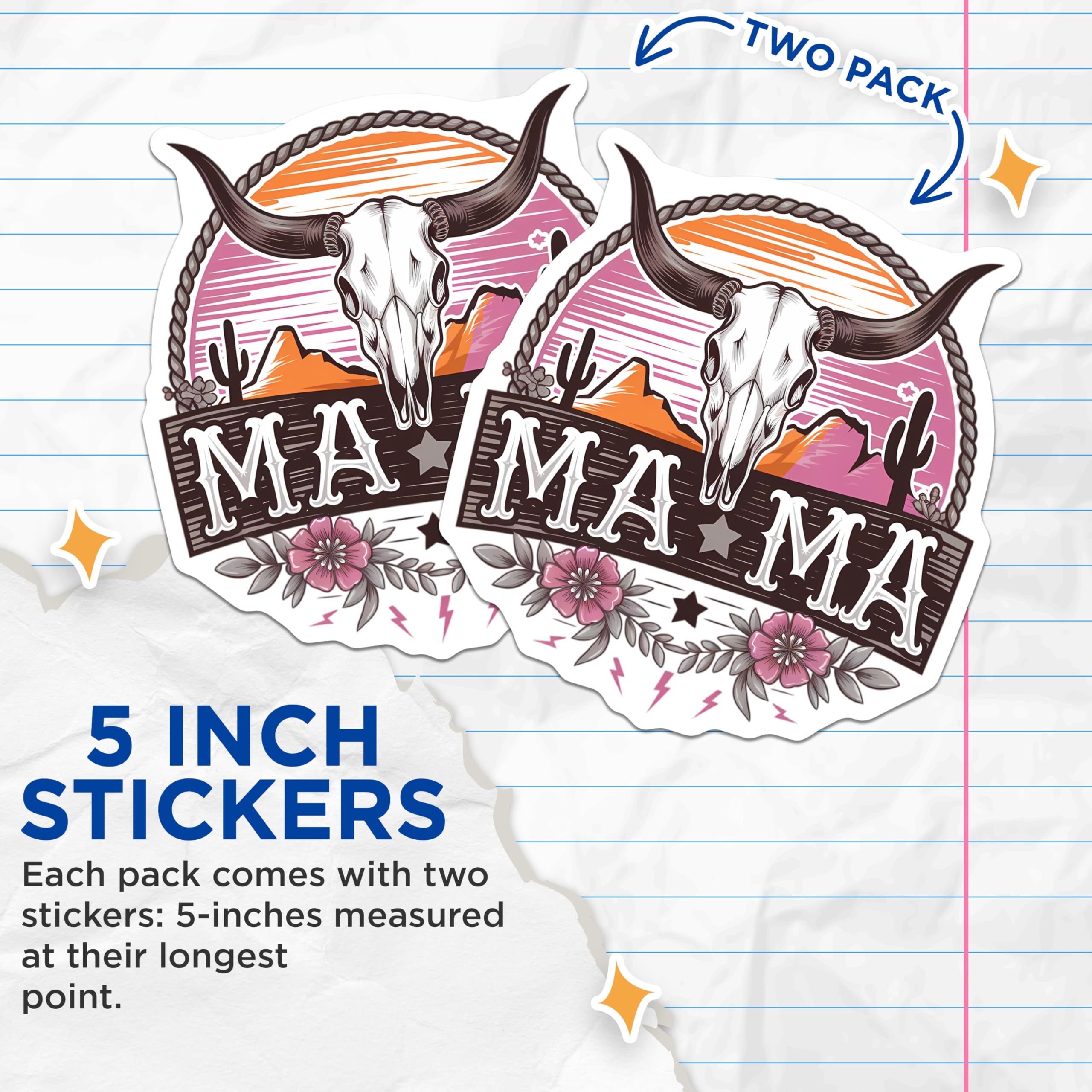 (2 Pack) Mama Skull Stickers - Western Cowgirl Decals - Desert Landscape Art - 5" On Longest Side - Sticks to Smooth Flat Surfaces - Made in USA - BMCS20177