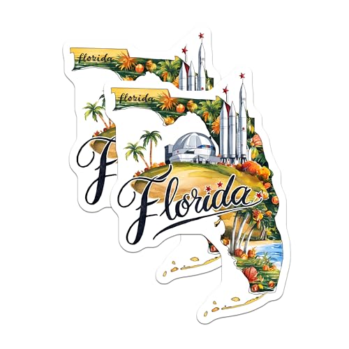 (2 Pack) Florida Vacation Stickers - Space Travel - Palm Trees Adventure - 5" On Longest Side - Sticks to Smooth Flat Surfaces - Made in USA - BMCS6300
