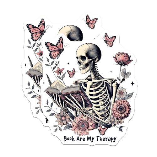(2 Pack) Book are My Therapy Stickers - Skeleton Reading - Floral Butterfly Art - Unique Book Lover - 5" On Longest Side - Sticks to Smooth Flat Surfaces - Made in USA - BMCS6981