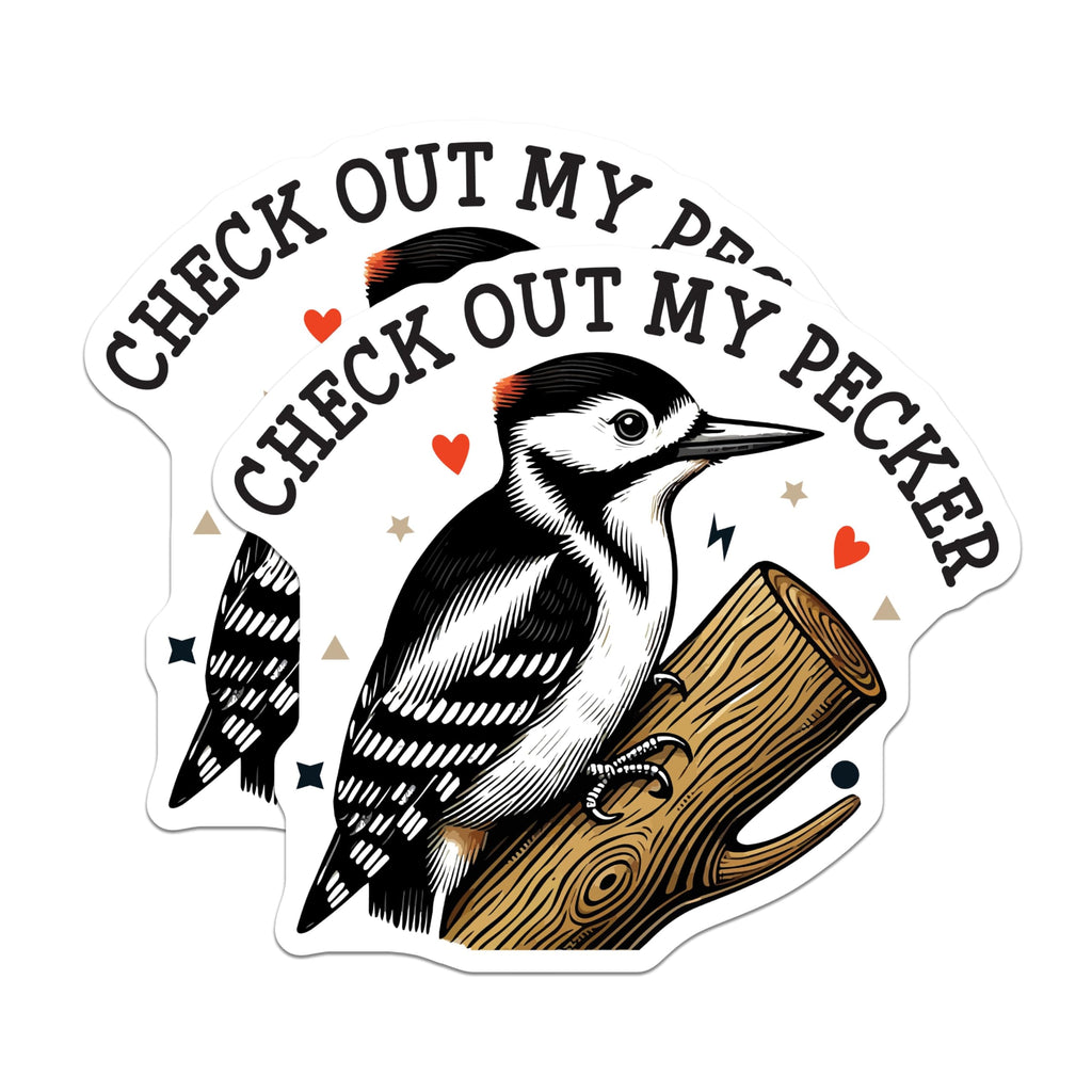 (2 Pack) Check Out My Pecker Stickers - Funny Wildlife Stickers - Humor Bird Decal - 5" On Longest Side - Sticks to Smooth Flat Surfaces - Made in USA - BMCS6330