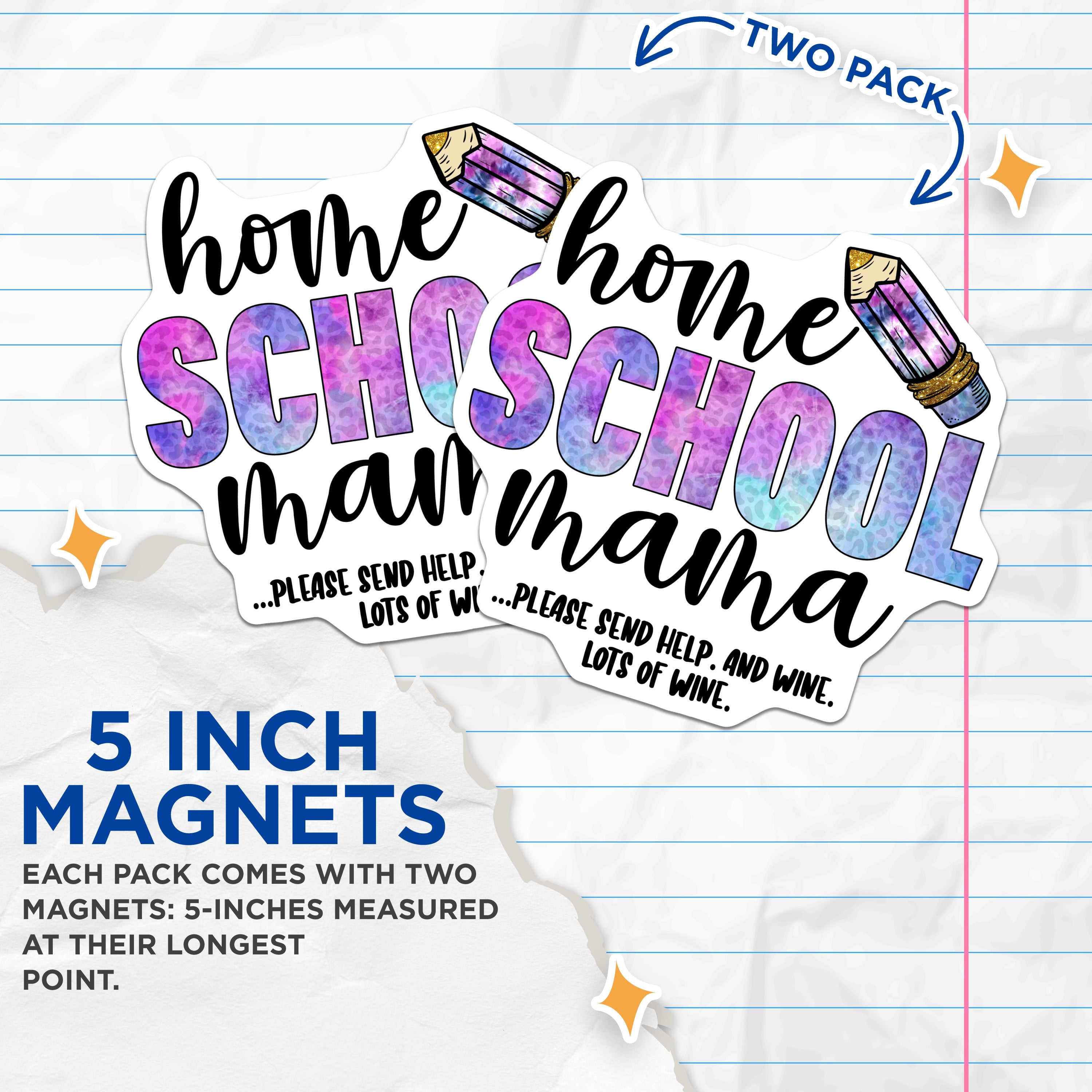 (2 Pack) Homeschool Mama Magnets - Funny Mom Wine Refrigerator Decor - School Parent Humor - Educator Life Item - 5 Inches On Longest Side - Thick Durable Magnet - Made in USA - MAG37333