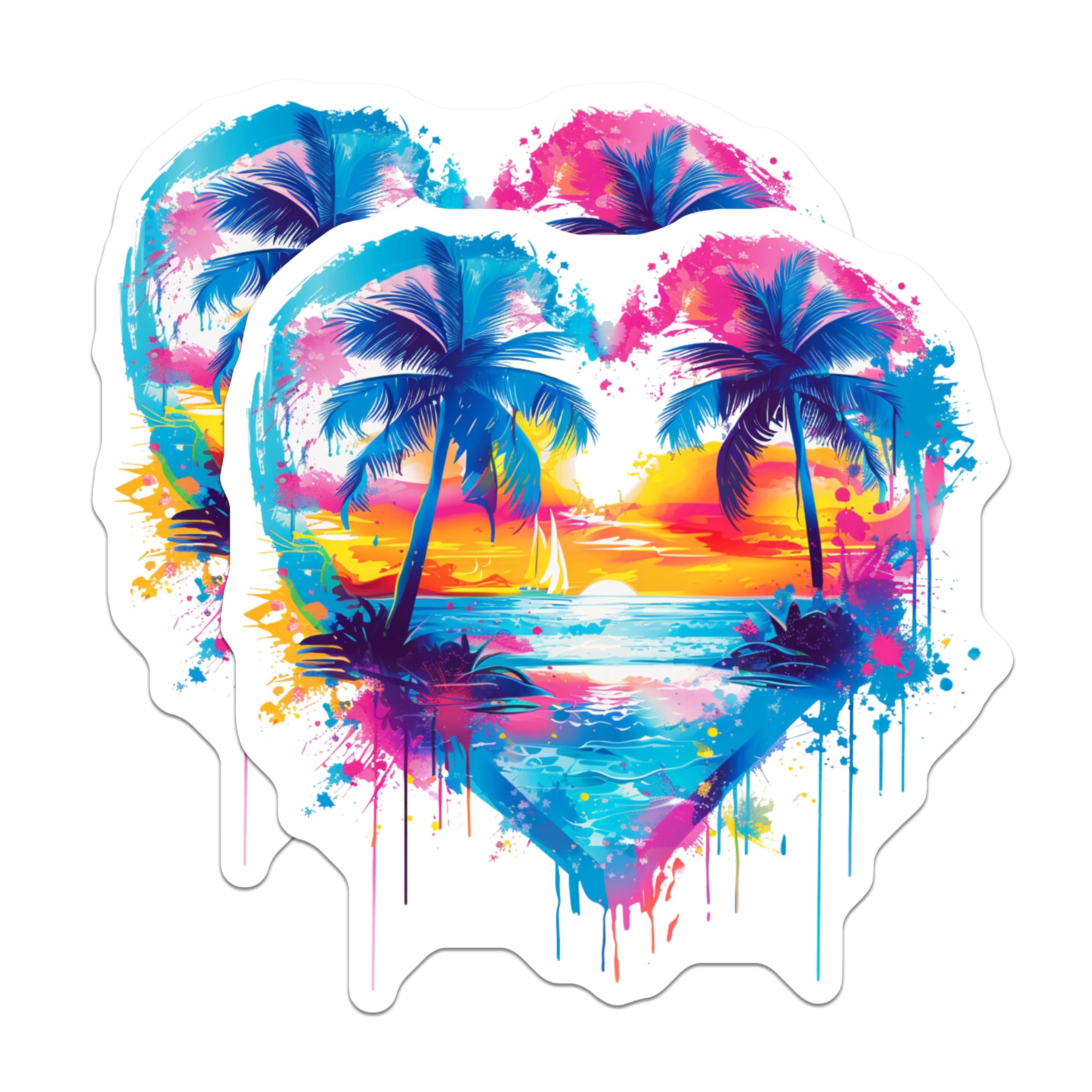 (2 Pack) Tropical Sunset Magnets - Beach Heart Decor - Vibrant Palm Tree Art - 5 Inches On Longest Side - Thick Durable Magnet - Made in USA - MAG25529