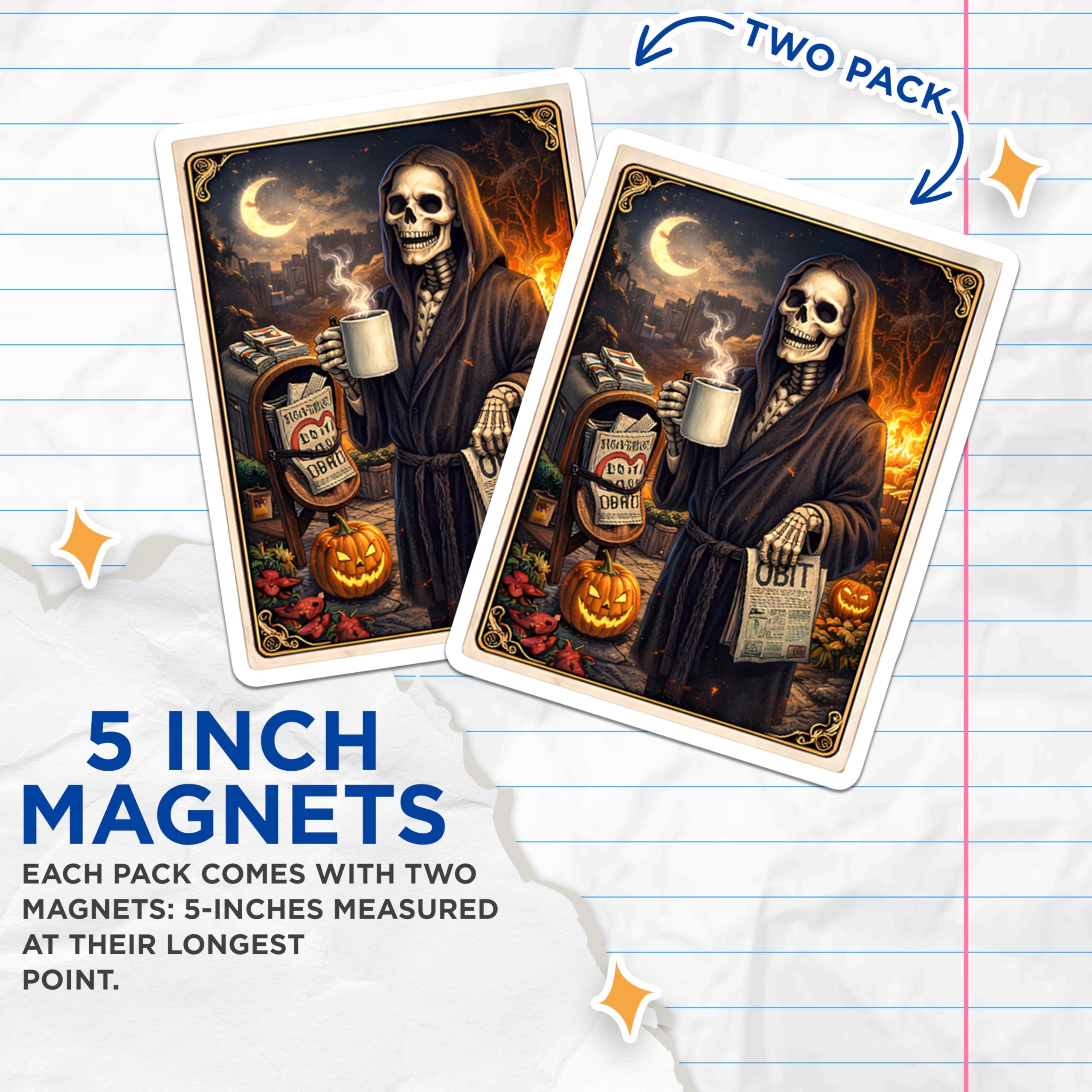 (2 Pack) Grim Reaper Magnets - Coffee Death Magnet - Halloween Decor Magnets - 5" On Longest Side - Premium Magnet - for Cars, Refrigerators, Toolboxes, Lockers - Made in USA - MAG15036