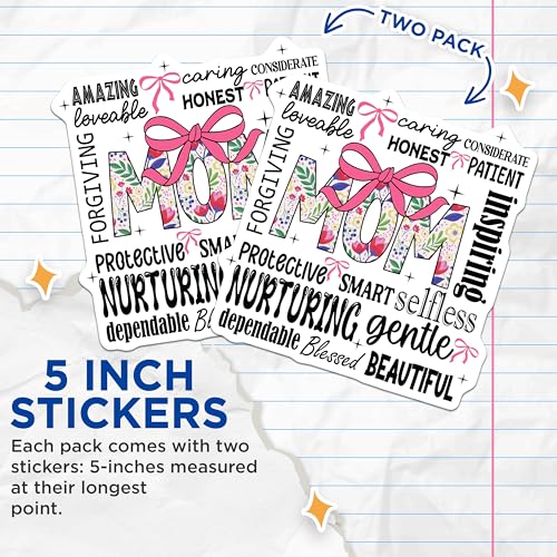 (2 Pack) Mom Stickers - Inspirational Words - Floral Design - 5" On Longest Side - Sticks to Smooth Flat Surfaces - Made in USA - BMCS9563