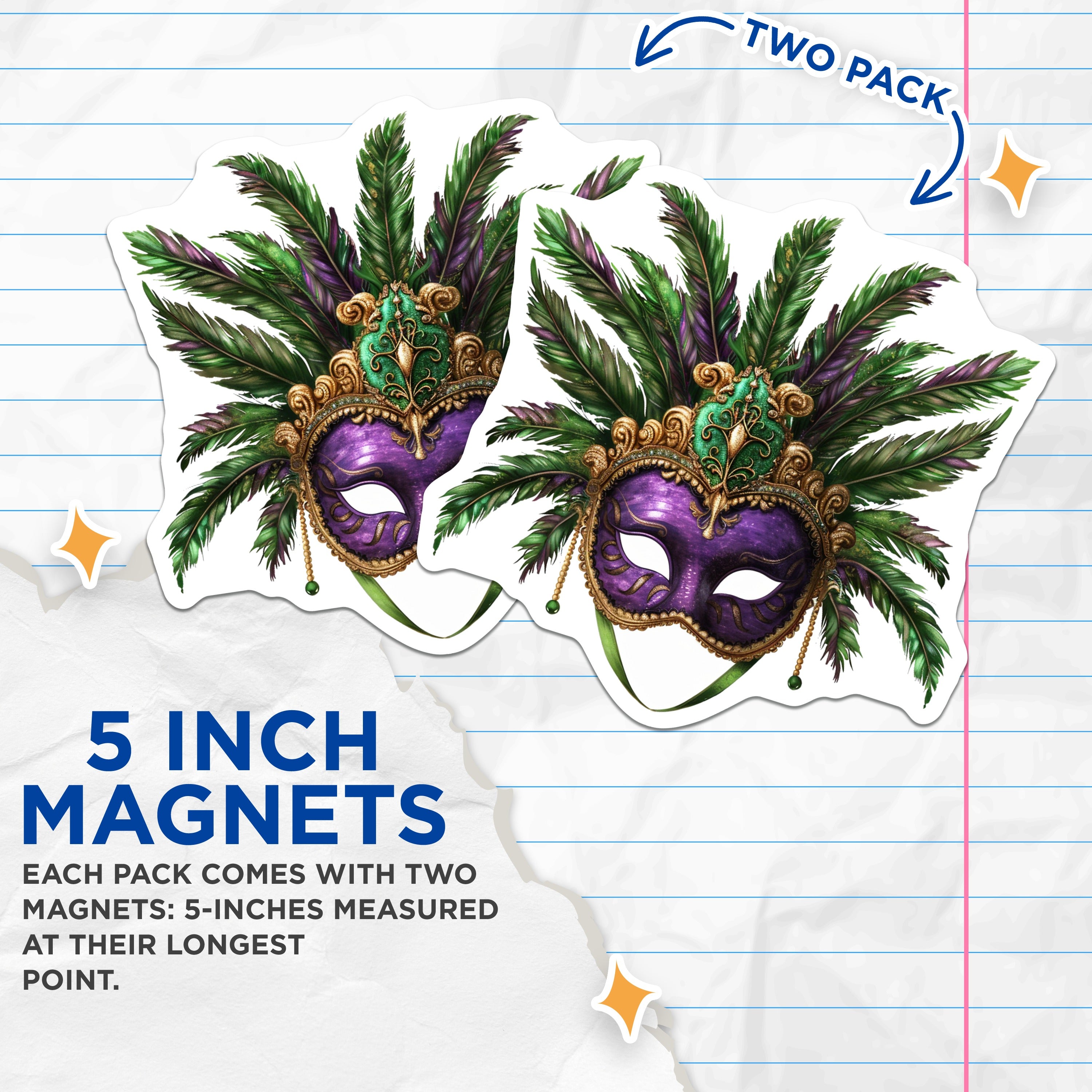 (2 Pack) Mardi Gras Magnets - Carnival Mask Decor - Venetian Masquerade Art - New Orleans Party Favor - 5 Inches On Longest Side - Thick Durable Magnet - Made in USA - MAG39092