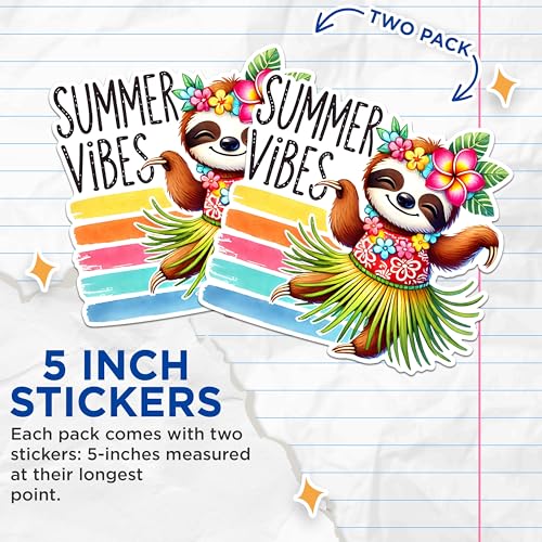 (2 Pack) Summer Vibes Stickers - Cute Sloth - Hawaiian Theme - Tropical Fun Summer - 5" On Longest Side - Sticks to Any Smooth Flat Surface - Made in USA - BMCS2741
