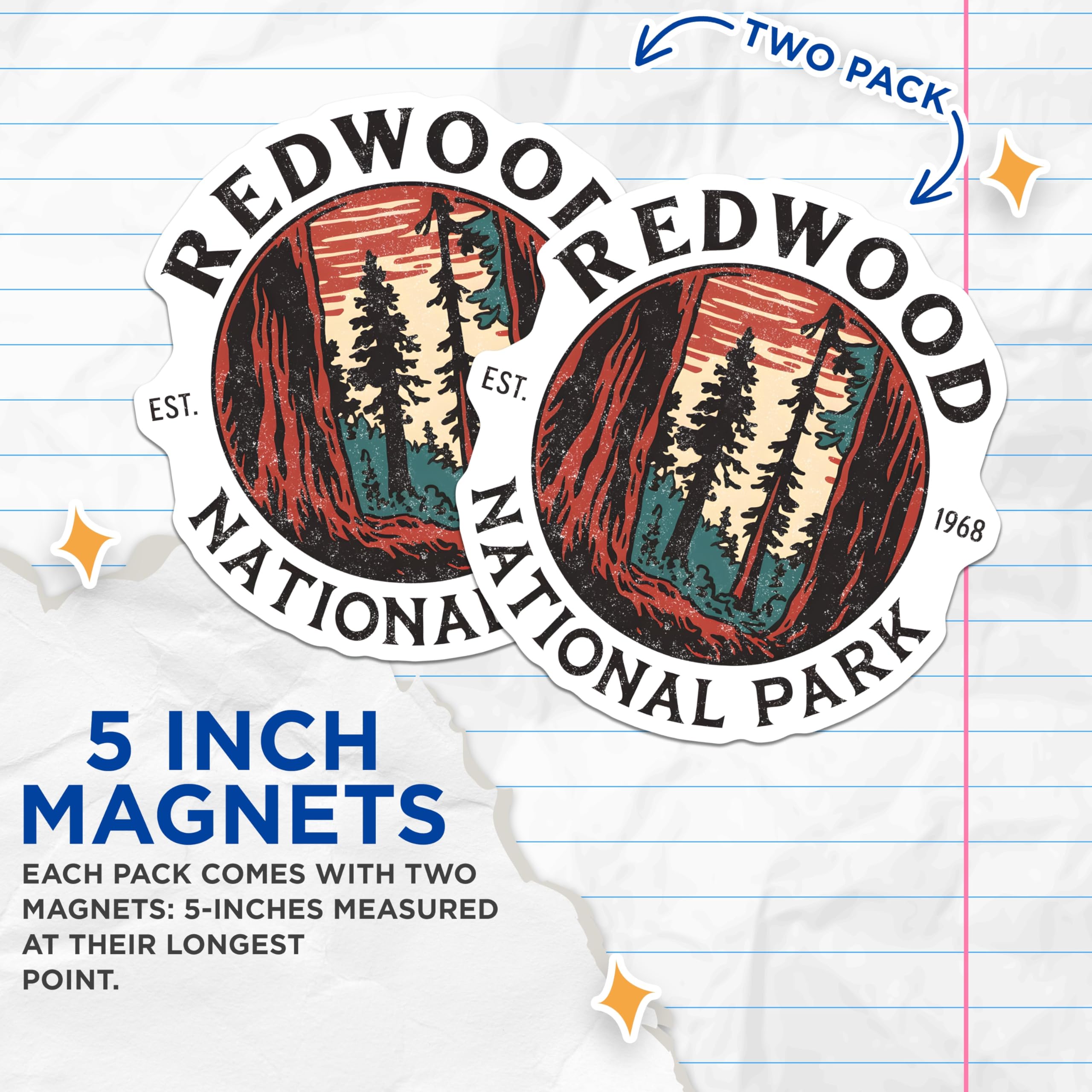 (2 Pack) Redwood National Park Magnets - Vintage Forest Trees - California Travel Souvenir - 5 Inches On Longest Side - Thick Durable Magnet - Made in USA - MAG19386