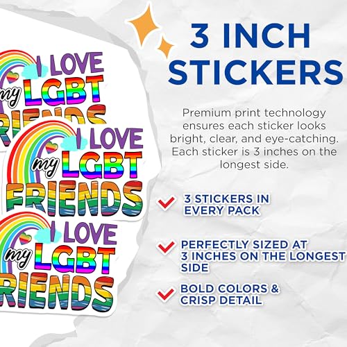 (3 Pack) LGBT Friends Decals - Rainbow Decal - Pride Decals - 3 Inches On Longest Side - Easy Peel & Apply - Made in USA - 3MCS7962