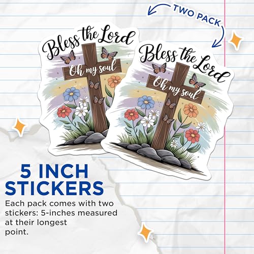 (2 Pack) Bless The Lord Stickers - Religious Stickers - Inspirational Cross Stickers - 5" On Longest Side - Sticks to Smooth Flat Surfaces - Made in USA - BMCS6390