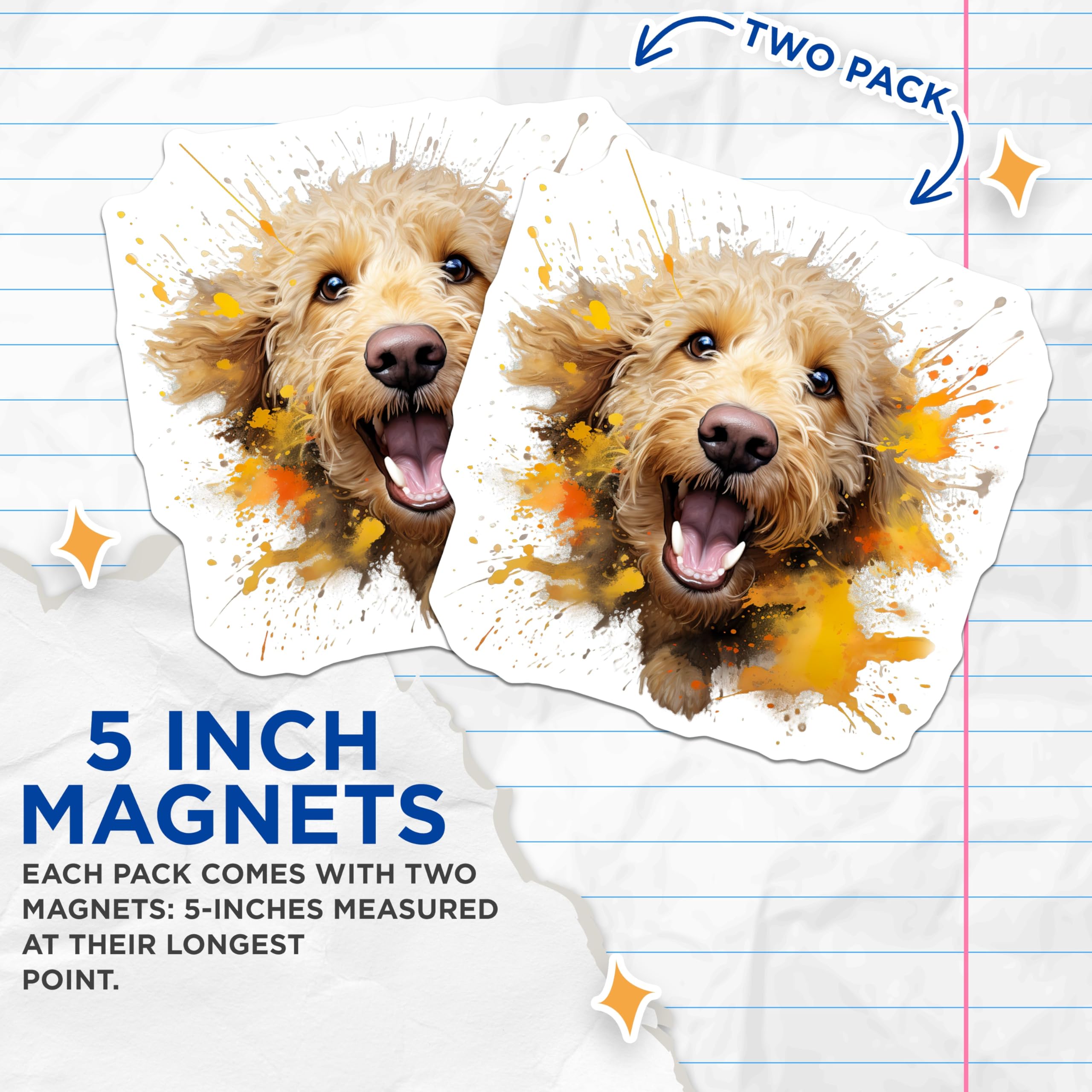 (2 Pack) Goldendoodle Magnets - Watercolor Dog Art - Happy Pet Lover - Smiling Puppy Fridge Decor - 5 Inches On Longest Side - Thick Durable Magnet - Made in USA - MAG25514