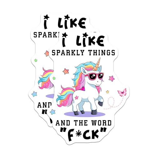 (2 Pack) Unicorn Stickers - Funny Quote - I Like Sparkly Things and The Word - 5" On Longest Side - Sticks to Smooth Flat Surfaces - Made in USA - BMCS7806