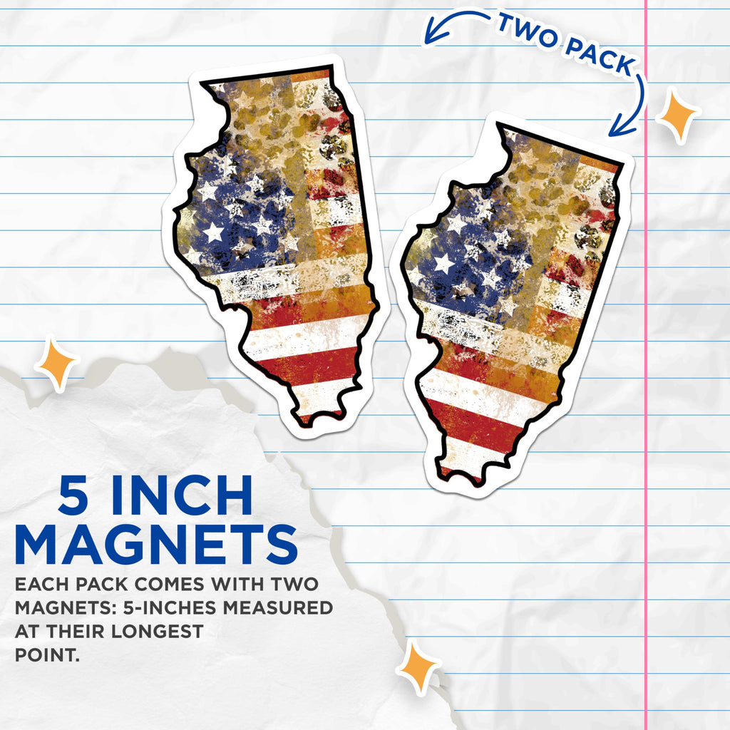 (2 Pack) Illinois Flag Magnets - Distressed US Flag - State Pride Fridge Magnets - 5" On Longest Side - Premium Magnet - for Cars, Refrigerators, Toolboxes, Lockers - Made in USA - MAG17623