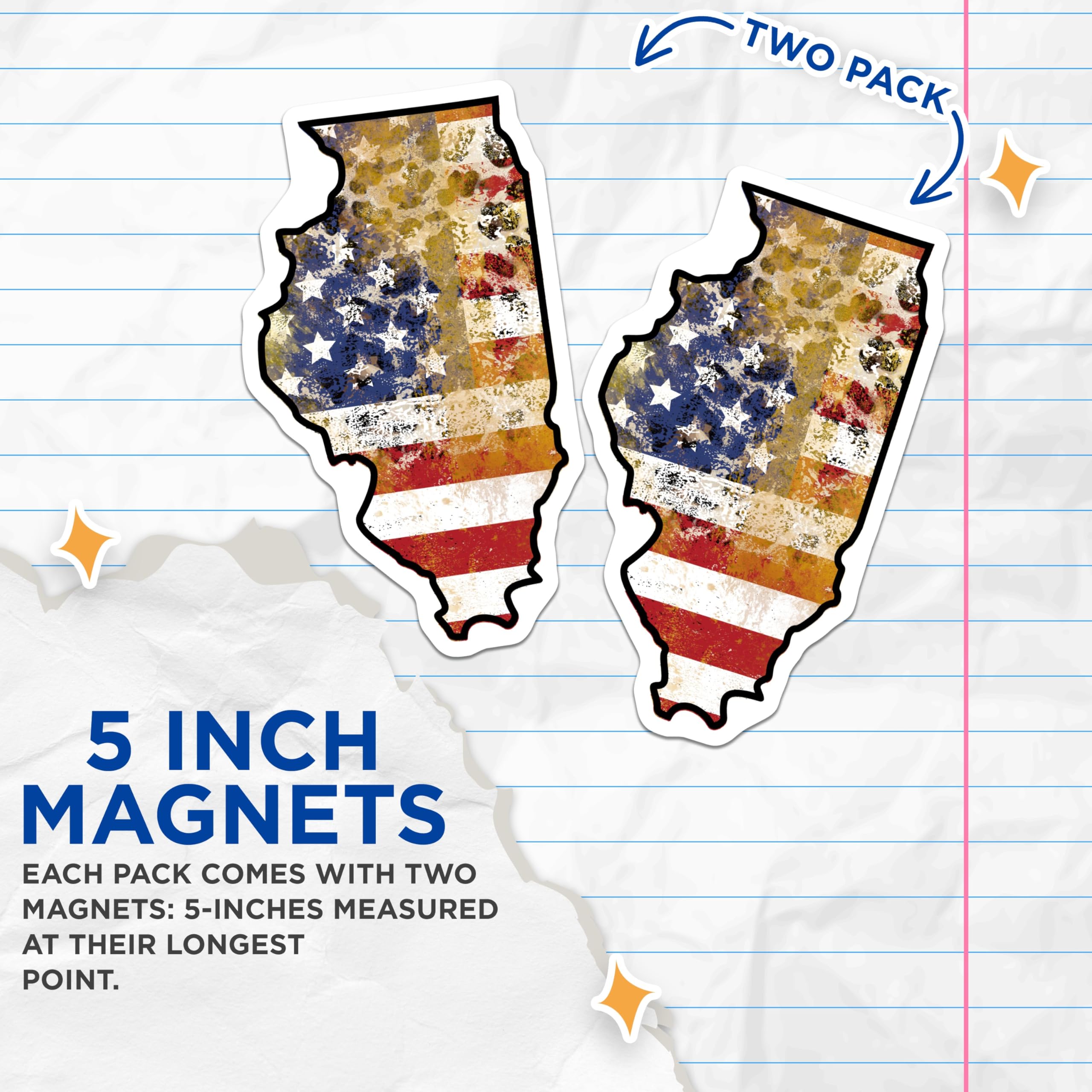 (2 Pack) Illinois Flag Magnets - Distressed US Flag - State Pride Fridge Magnets - 5" On Longest Side - Premium Magnet - for Cars, Refrigerators, Toolboxes, Lockers - Made in USA - MAG17623