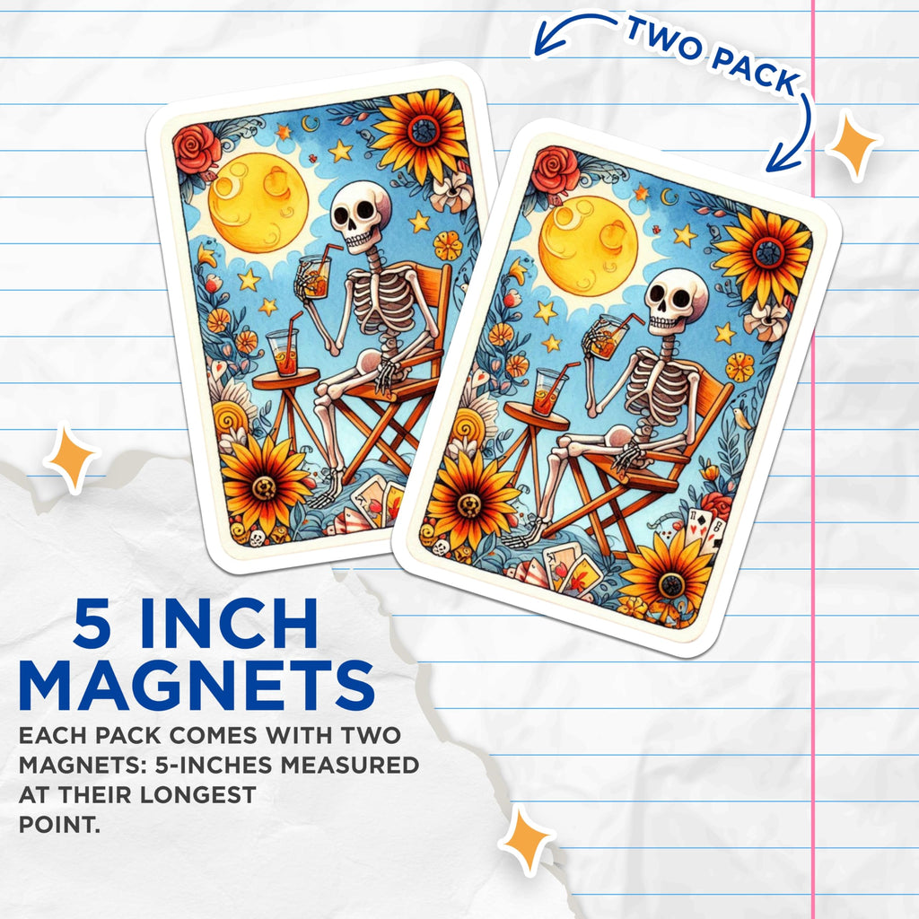 (2 Pack) Relaxing Skeleton Magnets - Summer Day Art - Sun Moon Flowers - Chillin Skull Decor - Unique Refrigerator Display - 5 Inches On Longest Side - Thick Durable Magnet - Made in USA - MAG21048