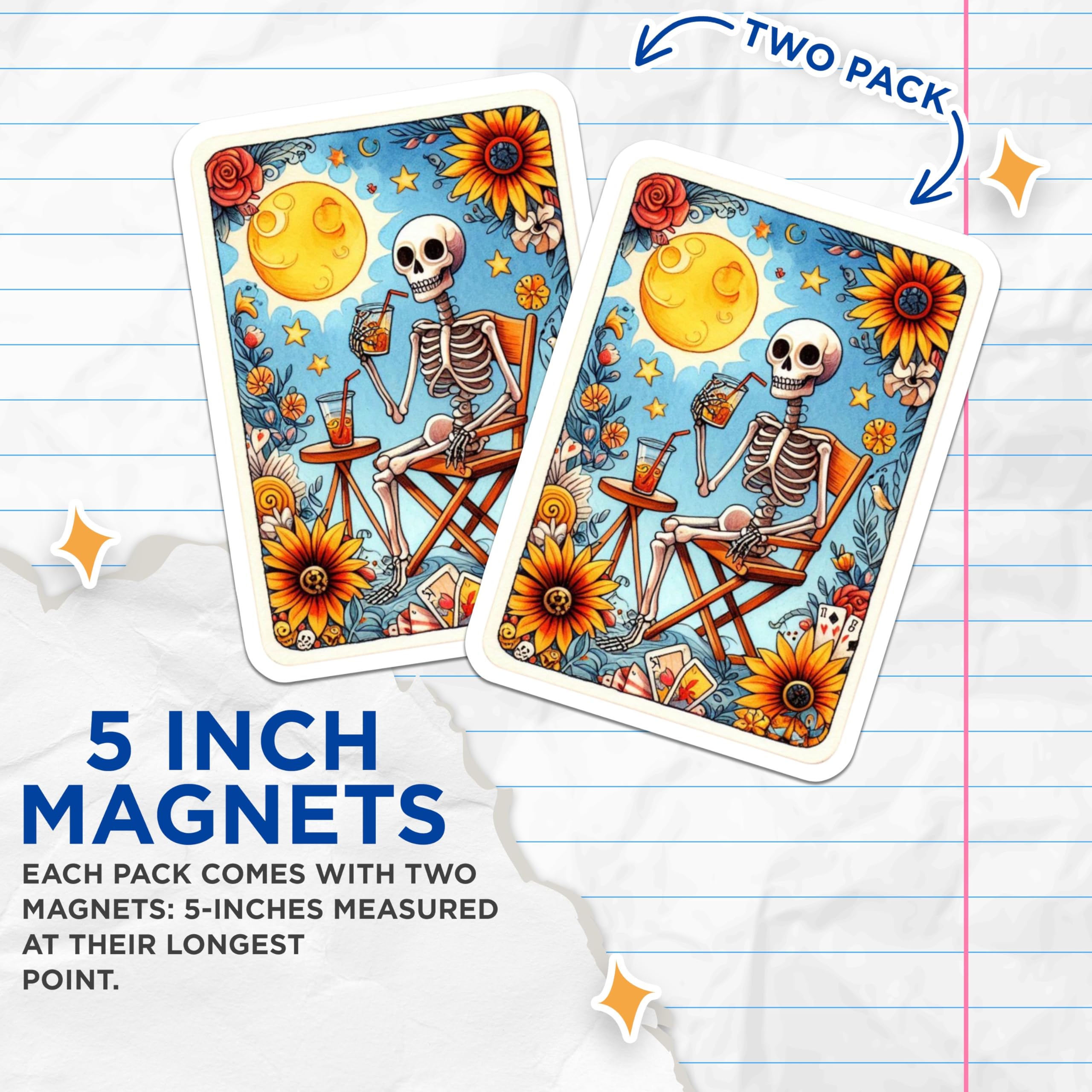 (2 Pack) Relaxing Skeleton Magnets - Summer Day Art - Sun Moon Flowers - Chillin Skull Decor - Unique Refrigerator Display - 5 Inches On Longest Side - Thick Durable Magnet - Made in USA - MAG21048