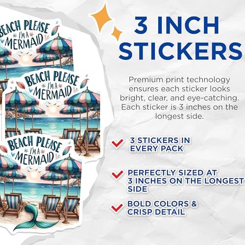 (3 Pack) Mermaid Decals - Beach Please - Ocean Lover Stickers - 3 Inches On Longest Side - Easy Peel & Apply - Made in USA - 3MCS8044